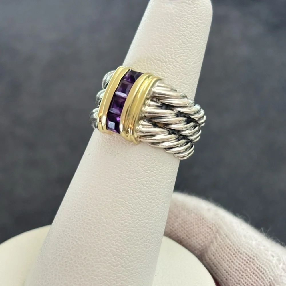 David Yurman 925 & 14k Gold Triple Cable Ring with Amethyst 5.5